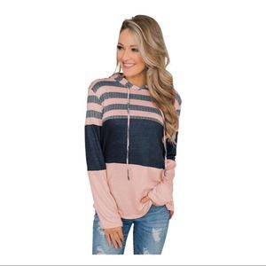 Pink Colorblock Drawstring Hoodie